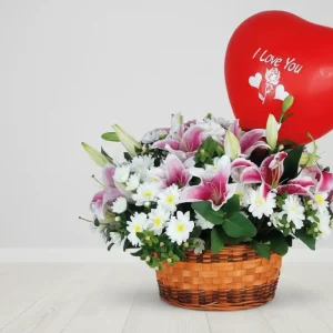 BALON TATLI AŞKIM PEMBE LİLYUM VE KIR ÇİÇEKLERİ-SPA23