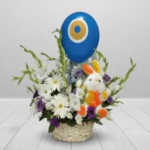 ERKEK BEBEK İÇİN MAVİ BALON VE GERBERA-SPA14